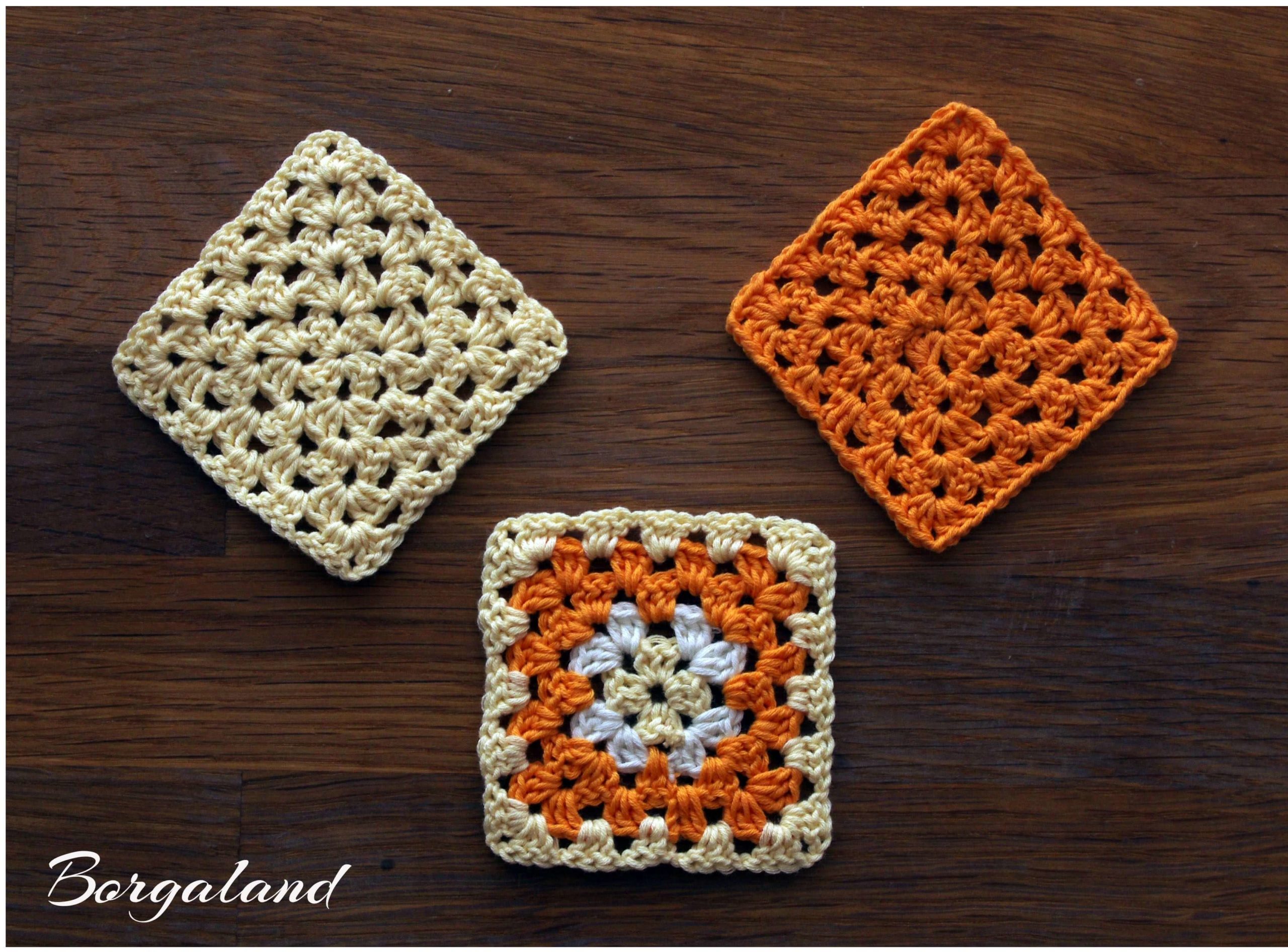 Drei gehäkelte Granny Squares in herbstlichen Farben – einfache Herbst Granny häkeln