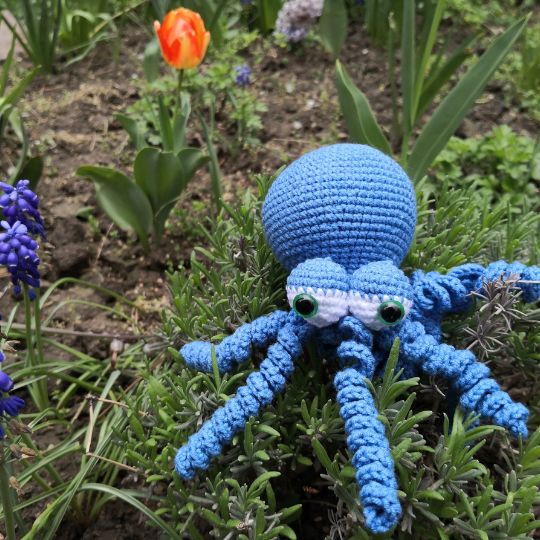 Süßer gehäkelter Amigurumi Oktopus in Blau auf einer grünen Wiese – Oktopus häkeln Anleitung