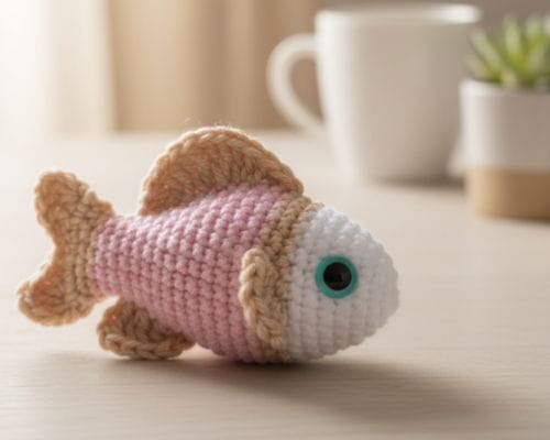 Kleiner gehäkelter Fisch in Rosa, Weiß und Beige auf einem hellen Holztisch